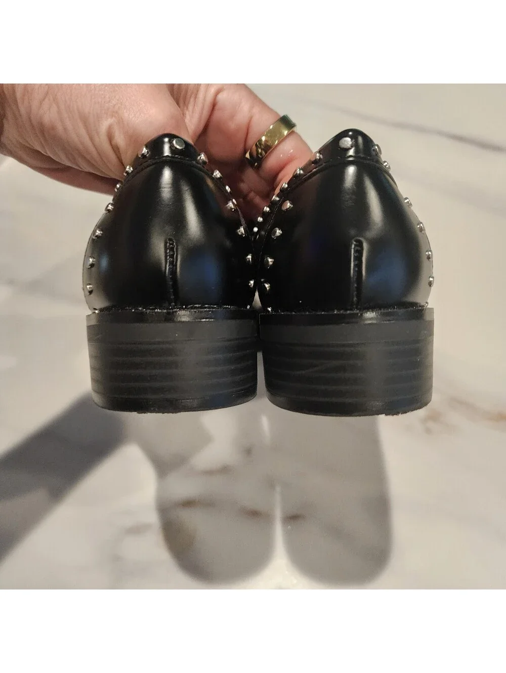 Marc Fisher Black Leather Studded Penny Loafers Women’s Size 6.5